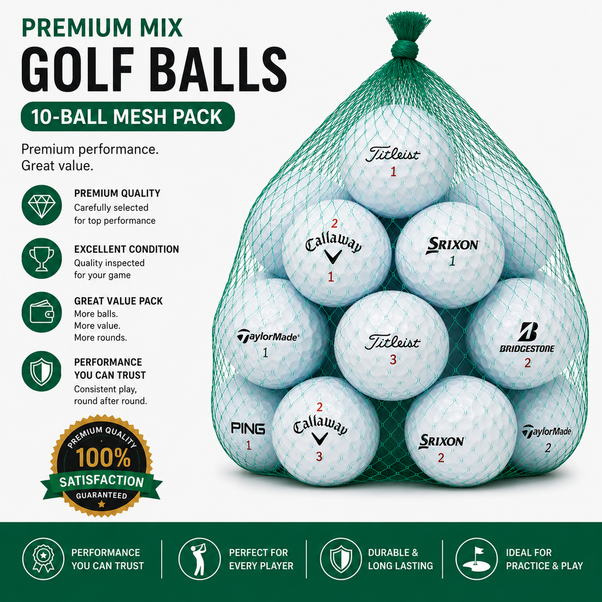 Premium Mix Golf Balls – 10-Ball Mesh Pack